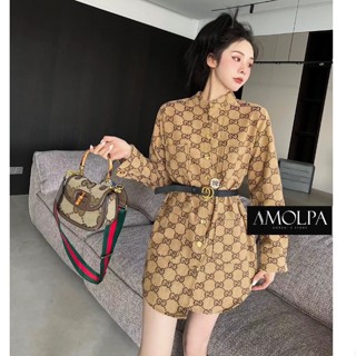 ♥ เช็คสินค้าก่อนสั่งDRESS GUCCI WITH BELT GG เดรสเชิ้ต เสื้อเชิ้ต ตัวยาว ผ้าทอ สีน้ำตาล ผ่าข้างเล็กน้อย + เข็มขัด กุชชี่