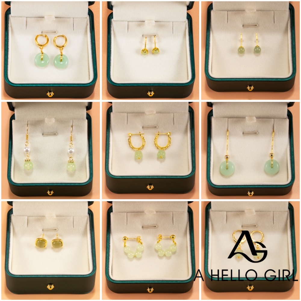 A HELLO GIRL ต่างหู ประดับลูกปัดหยกธรรมชาติ ทรงกลม ชุบทอง แฟชั่นฮั่นฝู สไตล์โบราณ สําหรับผู้หญิง