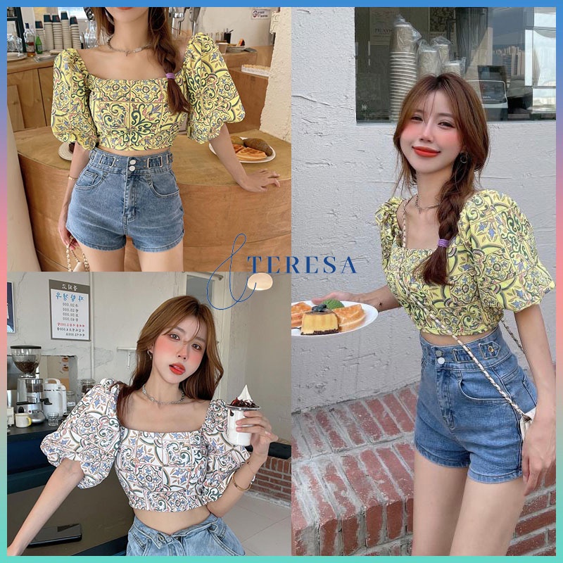 เสื้อคอปกสี่เหลี่ยม เสื้อแฟชั่นผู้หญิงน่ารักสไตล์เกาหลี เสื้อปาดไหล่ รัดรูป เสื้อครอปปาดไหล่วินเทจ