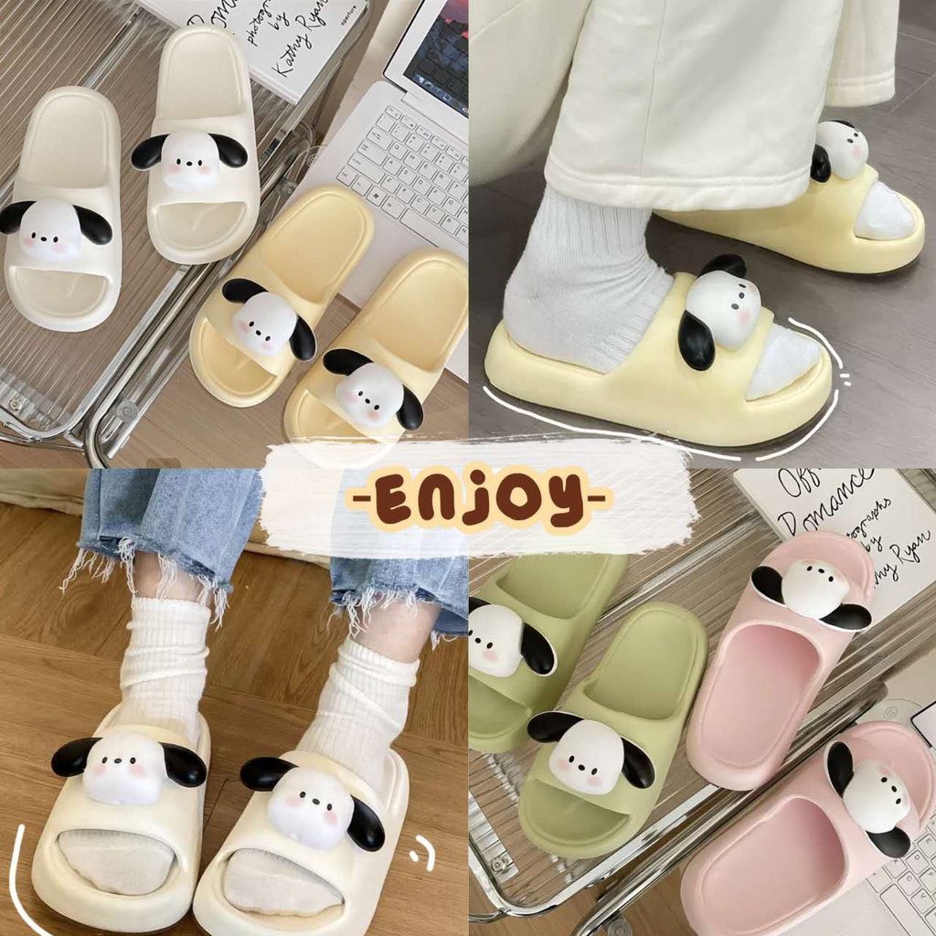 EnJoy พร้อมส่ง (LT-5518) รองเท้าแตะ แบบสวม ส้นแบน ลายน้องหมาหูตก มี3สีสุดคิ้ว