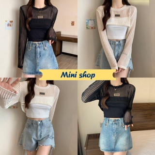 Mini shop🌸พร้อมส่ง🌸 (61600)  เสื้อคลุมครอปสั้นไหมพรม ตาข่ายเล็กซีทรูเบาๆ เกาหลีมาก