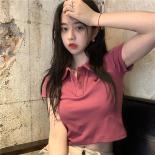 8447# Short-sleeved t-shirt womens high waist short top female niche love embroidery polo collar T-shirt ins tide