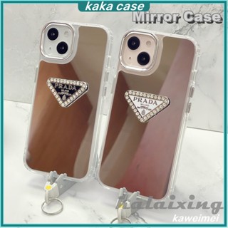 เคสโทรศัพท์มือถือนิ่ม ลายโลโก้ Prada ประดับเพชรเทียม มีกระจก สําหรับ IPhone 14Plus 14 13 12 11 Pro Max Xs Xr Xs Max