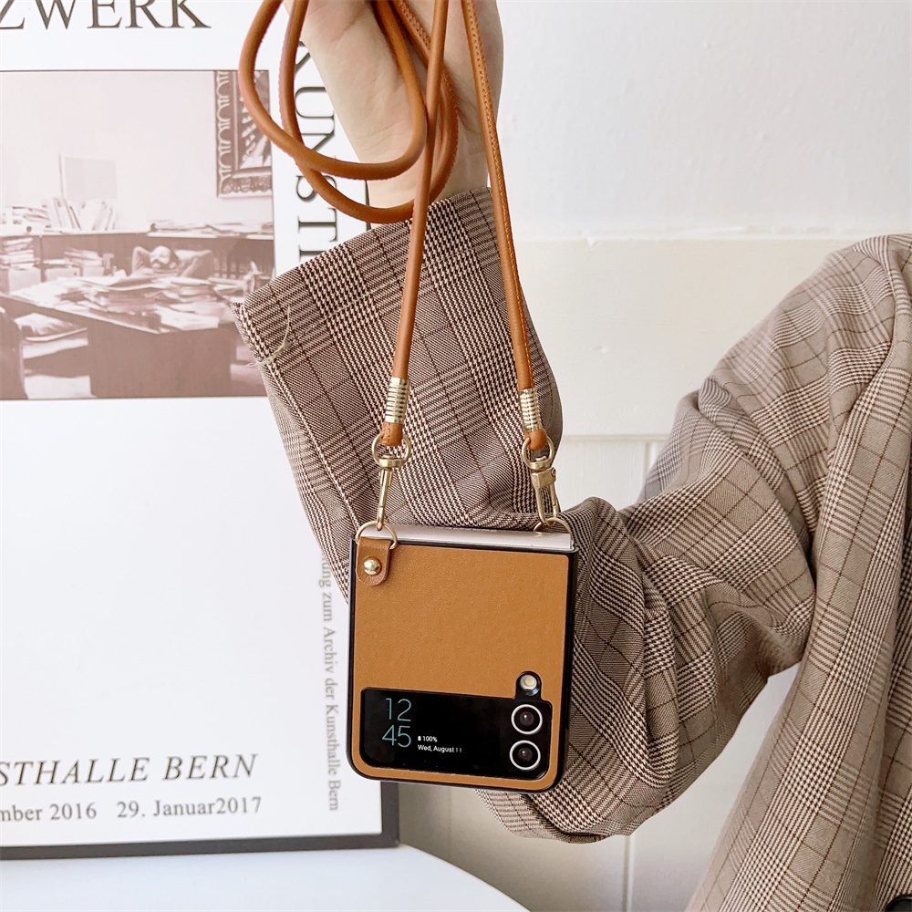 Samsung Galaxy Z Flip 7 6 5 4 3 5G ZFlip6 Zflip7 flip5 แฟชั่นหรูหราหนัง PU กระเป๋าสะพายข้างยาวสายคล้องธุรกิจกันกระแทกเคสโทรศัพท์