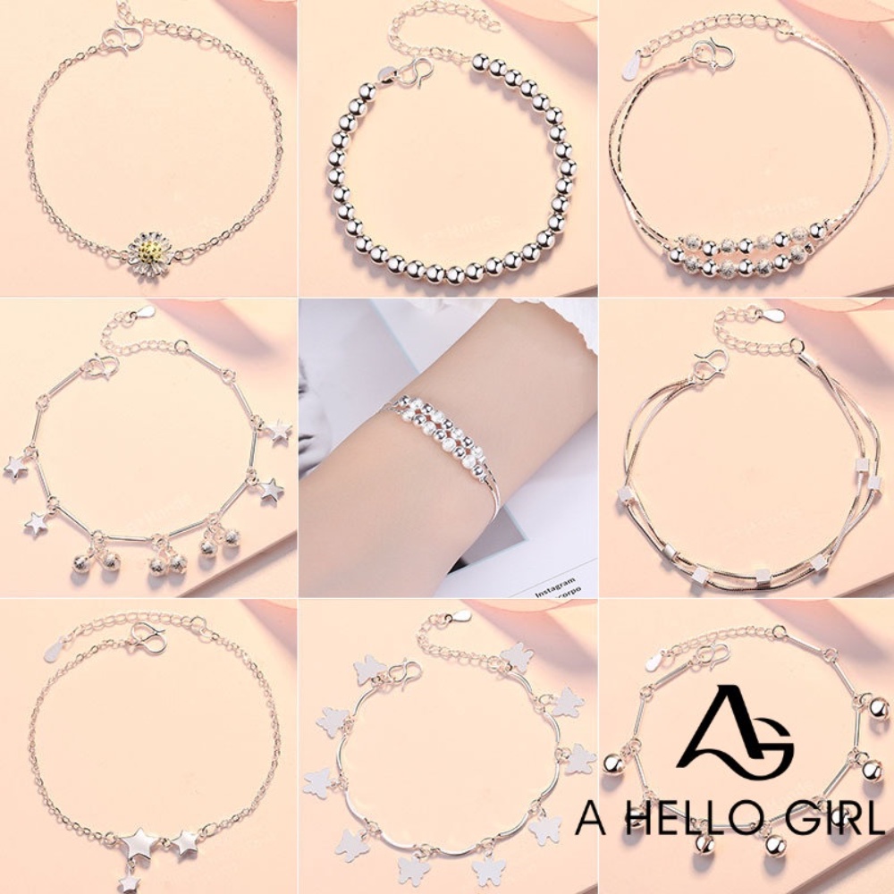 A HELLO GIRL สร้อยข้อมือเงิน S925 จี้รูปหัวใจ ดอกไม้ หลายชั้น เครื่องประดับแฟชั่น สําหรับผู้หญิง