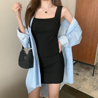 Dress dress Korean version sexy square collar dress vest skirt slim hip skirt solid color medium dress slim bottom dress