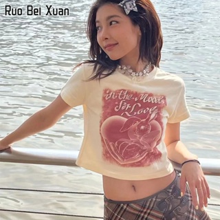 RUO BEI XUAN เสื้อยืดสตรีฤดูร้อนใหม่เกาหลีพิมพ์สั้นด้านบน