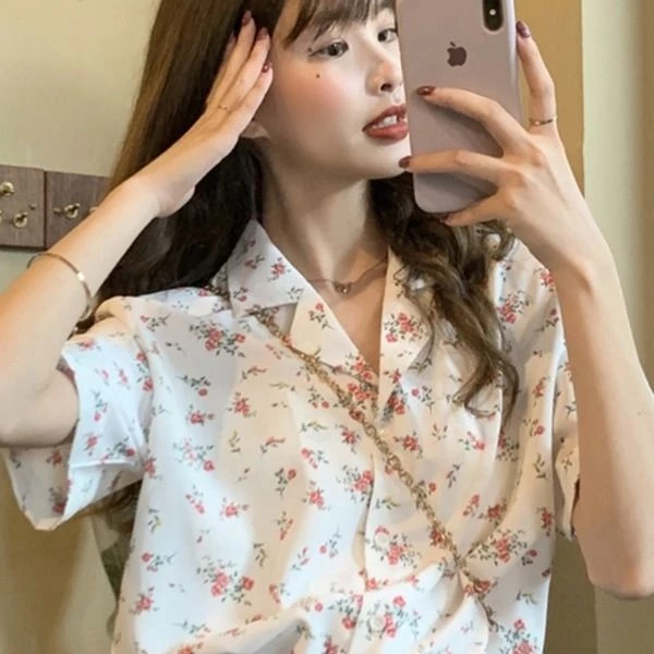 เสื้อเชิ้ตชีฟองแขนสั้น ลายดอก มีปก สไตล์ ins thumbnail 6