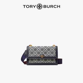 Tory Burch T MONOGRAM Mini Jacquard กระเป๋าสะพายไหล่ ทรงซองจดหมาย สีน้ําเงินกรมท่า สําหรับผู้หญิง