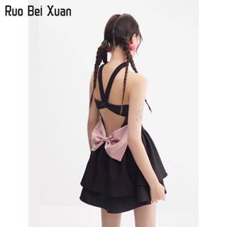 RUO BEI XUAN เดรสผู้หญิง เดรสโกธิค โบว์ผูกคอ เดรสเกาะอก