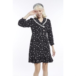 EP เดรสสั้นลายจุดผสมฟลอรัล ผู้หญิง สีดำ | Floral and Dot Print Short Dress | 4583