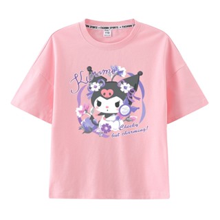 เสื้อยืดแขนสั้นลําลอง ผ้าฝ้ายแท้ ทรงหลวม ลาย Kuromi Melody แฟชั่นฤดูร้อน สําหรับเด็กผู้หญิง