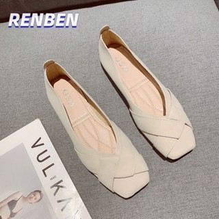 RENBEN ใหม่นางฟ้าสไตล์นุ่มแต่เพียงผู้เดียวแบนปากตื้นรองเท้าถั่วอเนกประสงค์