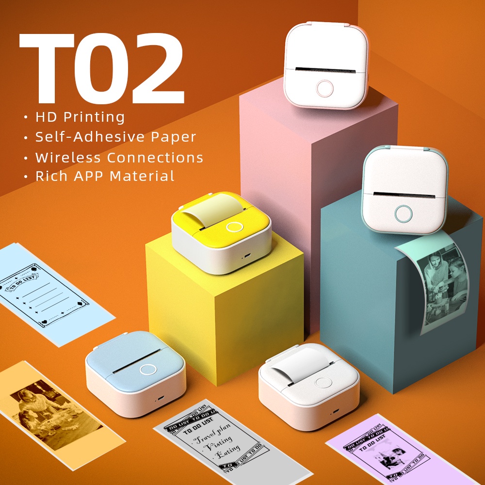 เครื่องพิมพ์พกพาขนาดเล็ก Phomemo T02 การพิมพ์ความร้อน 53 มม. สติกเกอร์ Inkless Mini Pocket Printer