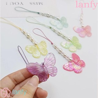 Lanfy เชือกคล้องข้อมือ ประดับลูกปัดไข่มุก เรืองแสง ป้องกันการสูญหาย สําหรับห้อยโทรศัพท์มือถือ