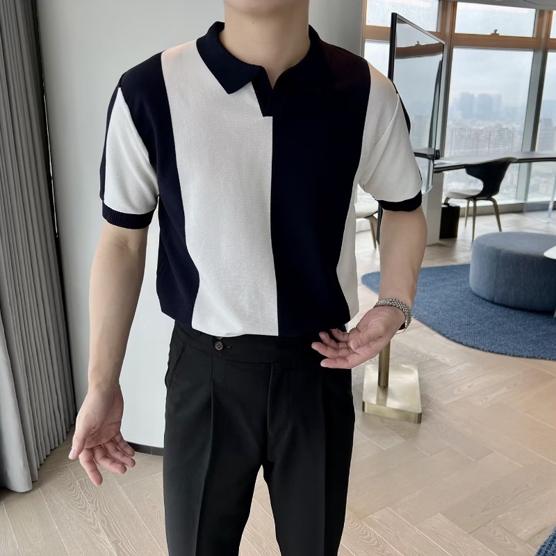 ครึ่งแขนเสื้อโปโลผู้ชายผ้าไหมน้ําแข็งถักปก Casual Stripes Contrast สี Breathable T-