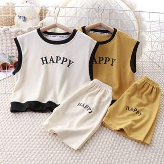 ชุดเซ็ตเสื้อผ้าเด็ก ชุดเด็ก แขนกุด+กางเกงขาสั้น ลายHappy สไตล์เกาหลี