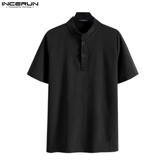 Incerun เสื้อเชิ้ต แขนสั้น คอตั้ง ประตู แฟชั่นสําหรับผู้ชาย