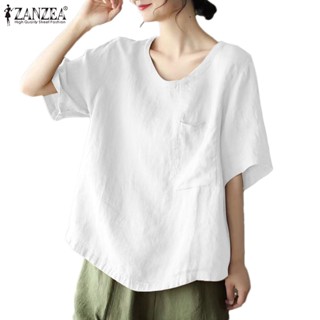 Zanzea เสื้อเบลาส์ลําลอง คอกลม แขนสั้น สีพื้น สไตล์เกาหลี สําหรับผู้หญิง