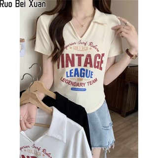 RUO BEI XUAN สตรีใหม่สลิมพิมพ์อักษรแขนสั้นเสื้อยืดเกาหลีออกแบบสตรีท็อปส์