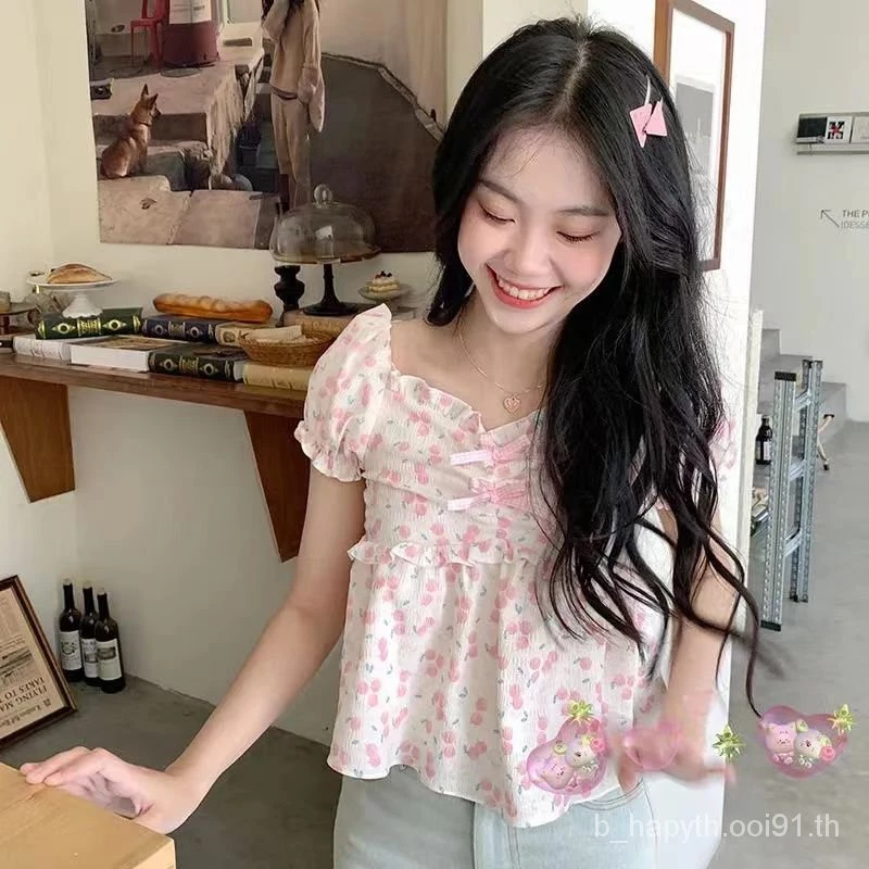 เสื้อแขนพองลายดอกไม้ผูกโบว์เอวสั้น สไตล์ญี่ปุ่น SL9784 thumbnail 3