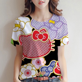 เสื้อยืดแขนสั้น พิมพ์ลาย Hello Kitty ทรงหลวม สําหรับผู้หญิง 2023