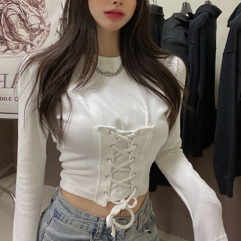 เสื้อแขนยาวทรงสลิมสไตล์เกาหลี ด้านบนผูกเอว
