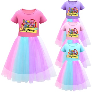 Poppy Playtime Huggy Wuggy ชุดเดรสแขนสั้นลําลอง ผ้าฝ้าย แฟชั่นฤดูร้อน สําหรับเด็กผู้หญิง