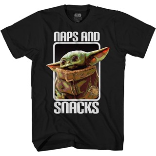 เสื้อยืดคอวีผู้ชาย STAR WARS Mandalorian Baby Yoda Child Nap Snack Adult Tee Graphic T-Shirt For Men Tshirt t shirt men