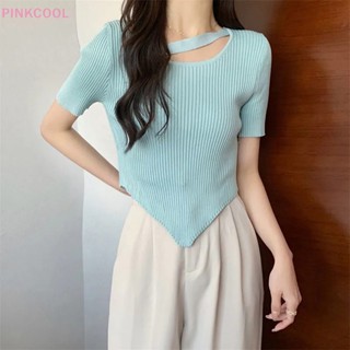 Pinkcool เสื้อยืดแขนสั้น ผ้าถัก ทรงไม่สมมาตร สีพื้น แฟชั่นฤดูร้อน สําหรับผู้หญิง ขายดี