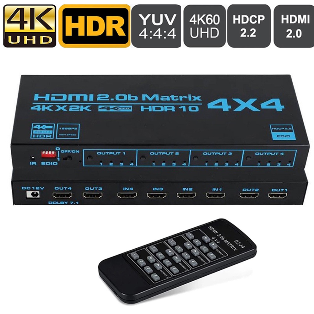 กล่องแยกสวิตช์ HDMI 4K 60Hz True Matrix 4x4 HDMI 2.0 Matrix Swticher 4x2 2x4 พร้อมรีโมต IR HDR HDCP 