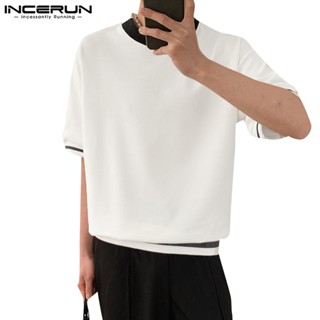 Incerun เสื้อยืด แขนสั้น สีดํา และสีขาว แฟชั่นสําหรับผู้ชาย