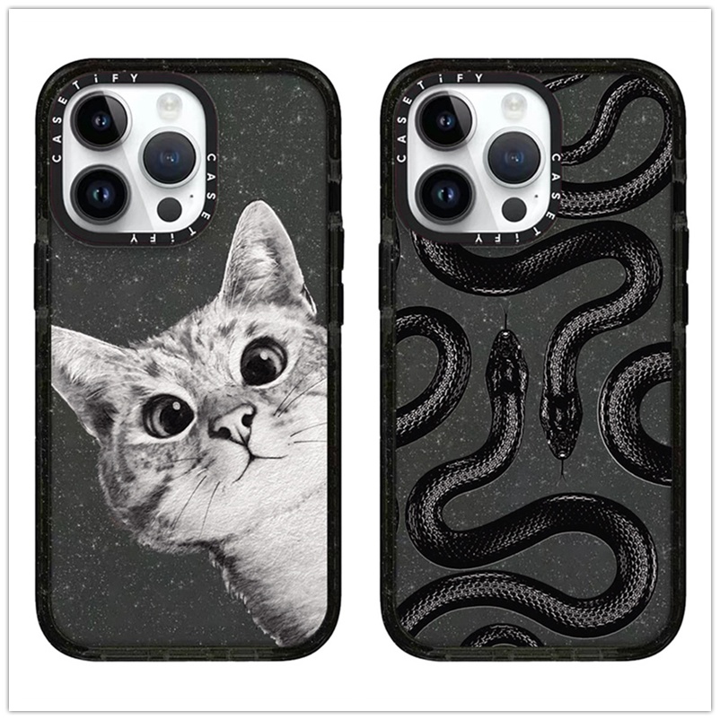 Casetifg เคสโทรศัพท์มือถือ ซิลิโคนนิ่ม TPU ใส กันกระแทก ลายแมวน่ารัก แต่งกลิตเตอร์ สีดํา พร้อมกล่อง สําหรับ iPhone 14 11 13 12 Pro Max 14
