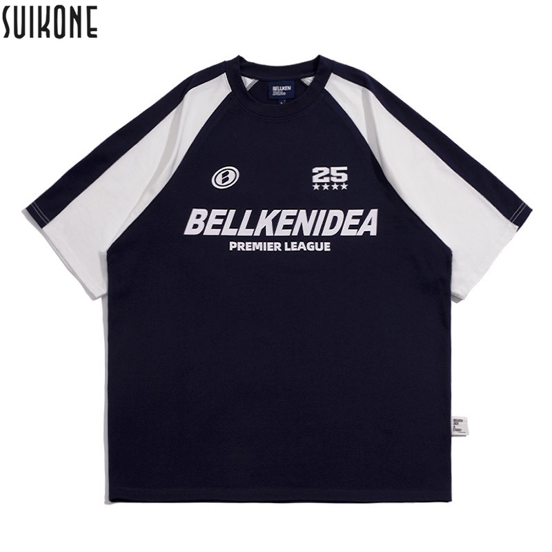 Suikone เสื้อยืดผู้ชายแขนสั้นพิมพ์ลายตัวอักษรย้อนยุคอเมริกัน เสื้อยืดหลวมแขนสั้นใส่ได้ทั้งชายและหญิง