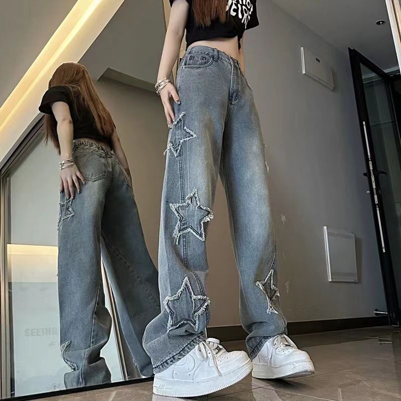 DaDuHey Women's Summer Retro Jeans New High Street Five-Pointed Star Embroidery Loose High Street Straight-Leg Mop Pants