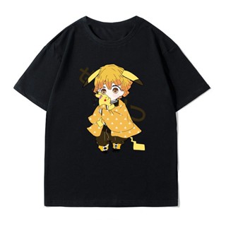 Demon Slayer และ Pokemon Anime เสื้อยืด Agatsuma Zenitsu และ Pikachu เสื้อยืดแขนสั้นน่ารักอินเทรนด์เสื้อยืด Unisex