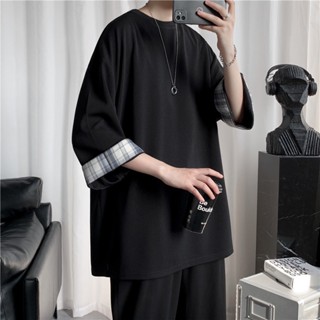เสื้อยืดแขนสั้นลายสก๊อตชาย       นักเรียนเสื้อคอกลมทรงหลวมไซส์ใหญ่