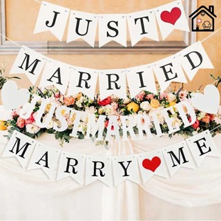 ธงพิมพ์ตัวอักษร JUST MARRIED Love / ธงแบนเนอร์ตกแต่งผู้ชาย / พวงหรีดงานแต่งงานกลางแจ้ง อุปกรณ์ประกอบฉากถ่ายภาพ