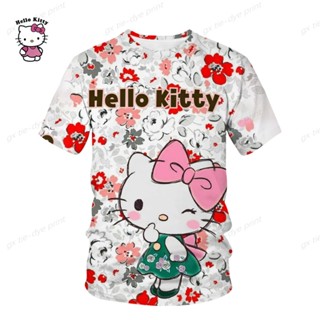 เสื้อยืดแขนสั้น พิมพ์ลายการ์ตูน Hello Kitty 3 มิติ แฟชั่นฤดูร้อน สําหรับผู้ชาย และผู้หญิง 2023