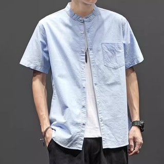 เสื้อเชิ้ตแขนสั้นลําลอง ผ้าออกซ์ฟอร์ด คอแมนดาริน แฟชั่นฤดูร้อน สําหรับผู้ชาย