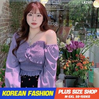 Plus size เสื้อผ้าสาวอวบ❤ เสื้อสาวอวบอ้วน ไซส์ใหญ่ ผู้หญิง เสื้อสาวอวบ เสื้อปาดไหล่ ทรงสลิมฟิต แขนยาว ย้อนยุค ฤดูร้อน สไตล์เกาหลีแฟชั่น