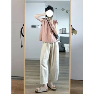 เสื้อสายเดี่ยว แขนกุด ผ้าลินิน ทรงหลวม สีชมพู สําหรับผู้หญิง VVHB