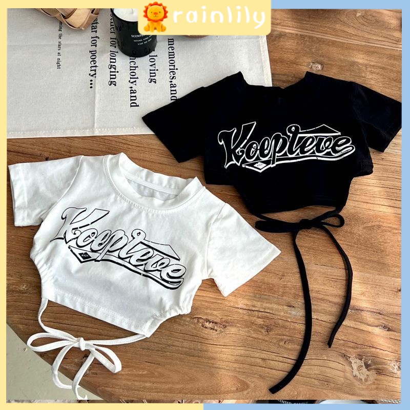 เสื้อยืดแขนสั้น เอวสูง แต่งสายคล้องด้านหลัง แฟชั่นฤดูร้อน สไตล์เกาหลี สําหรับเด็กผู้หญิง