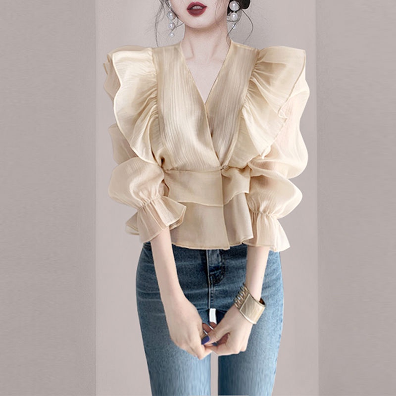 เสื้อเชิ้ตแขนยาว ผ้าชีฟอง ลายใบบัว ระดับไฮเอนด์ สไตล์ฝรั่งเศส แฟชั่นฤดูร้อน สําหรับผู้หญิง