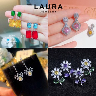 Laura Jewelry ต่างหูสตั๊ด เงิน 925 ประดับทับทิม มรกต เครื่องประดับหรูหรา สําหรับผู้หญิง M098