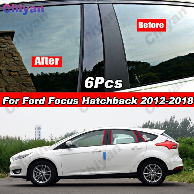 สติกเกอร์ติดเสาประตูหน้าต่างรถยนต์ สีดํามันวาว สําหรับ Ford Focus Hatchback 2012-2018 6 ชิ้น