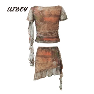 Uibey เสื้อแขนสั้น ผ้าตาข่าย + กระโปรงยาวครึ่งหนึ่ง 6312