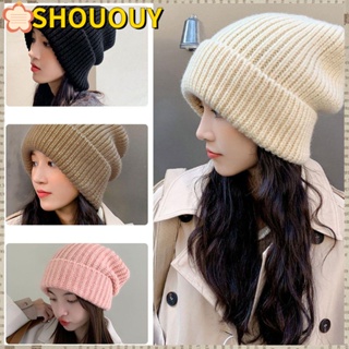 SHOUOUY หมวกบีนนี่ ผ้าถัก สีพื้น น่ารัก สําหรับผู้หญิง และผู้ชาย 5 สี