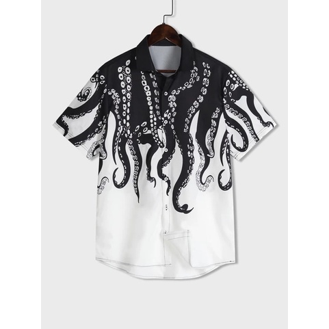 เสื้อเชิ้ตแขนสั้นลําลอง พิมพ์ลายปลาหมึก แบบแห้งเร็ว แฟชั่นฤดูร้อน สําหรับผู้ชาย