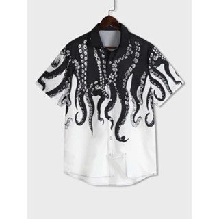 เสื้อเชิ้ตแขนสั้นลําลอง พิมพ์ลายปลาหมึก แบบแห้งเร็ว แฟชั่นฤดูร้อน สําหรับผู้ชาย